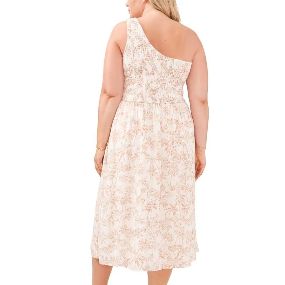 1. State Ruched One Shoulder Dress Women's 2X Plus White Palms Summer Beach NEW
